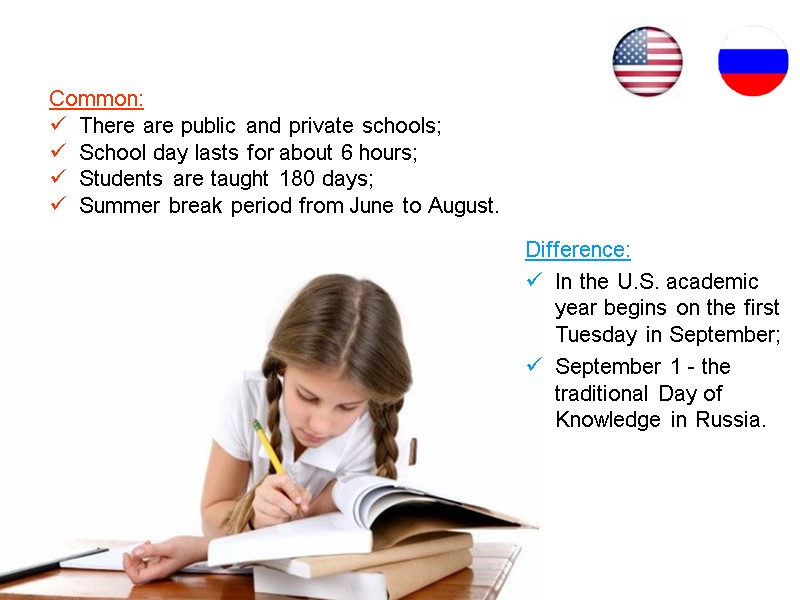 Common: There are public and private schools; School day lasts for about 6 hours;